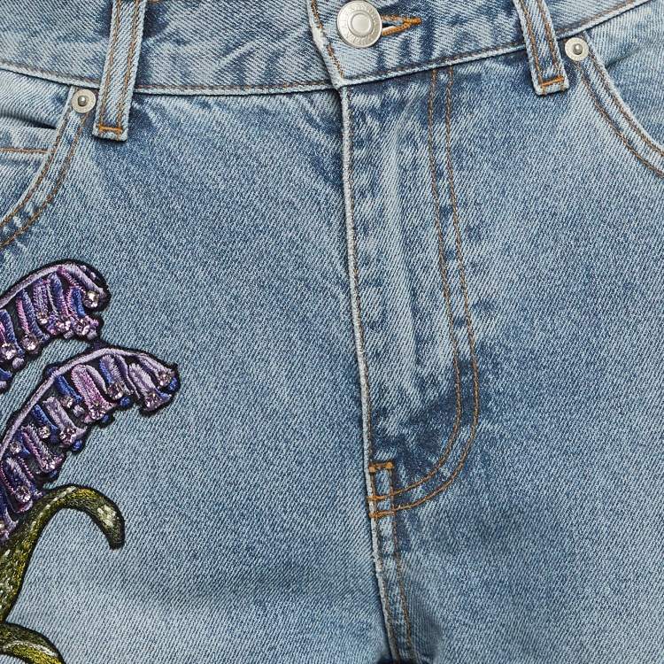 Pre Owned Alexander McQueen Blue Embroidered Floral Denim Boyfriend Jeans S Waist 28"