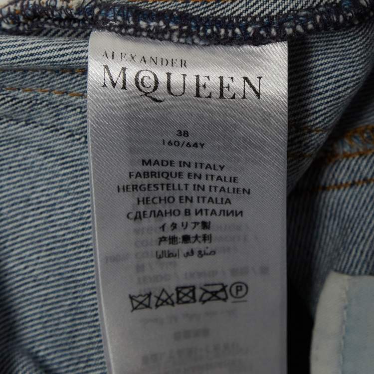 Pre Owned Alexander McQueen Blue Embroidered Floral Denim Boyfriend Jeans S Waist 28"