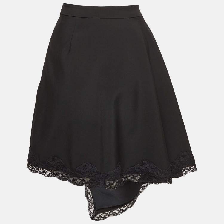 Pre Owned Alexander McQueen Black Lace Trim Wool Asymmetric Skirt S
