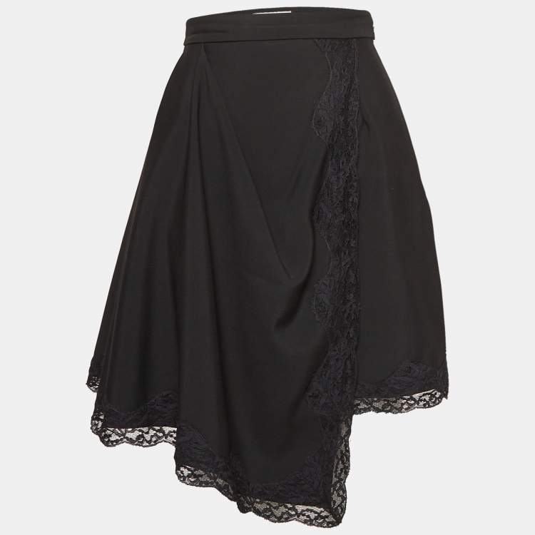 Pre Owned Alexander McQueen Black Lace Trim Wool Asymmetric Skirt S