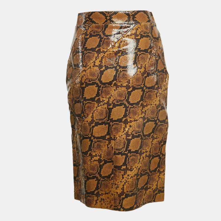 Pre Owned Alexander McQueen Brown Snakeskin Pattern Patent Leather Pencil Skirt M