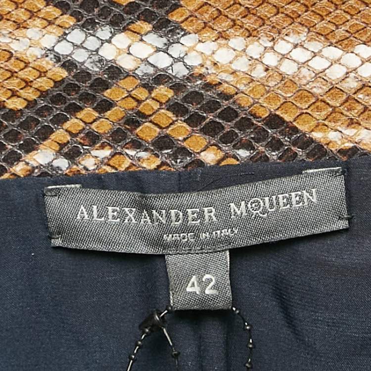 Pre Owned Alexander McQueen Brown Snakeskin Pattern Patent Leather Pencil Skirt M