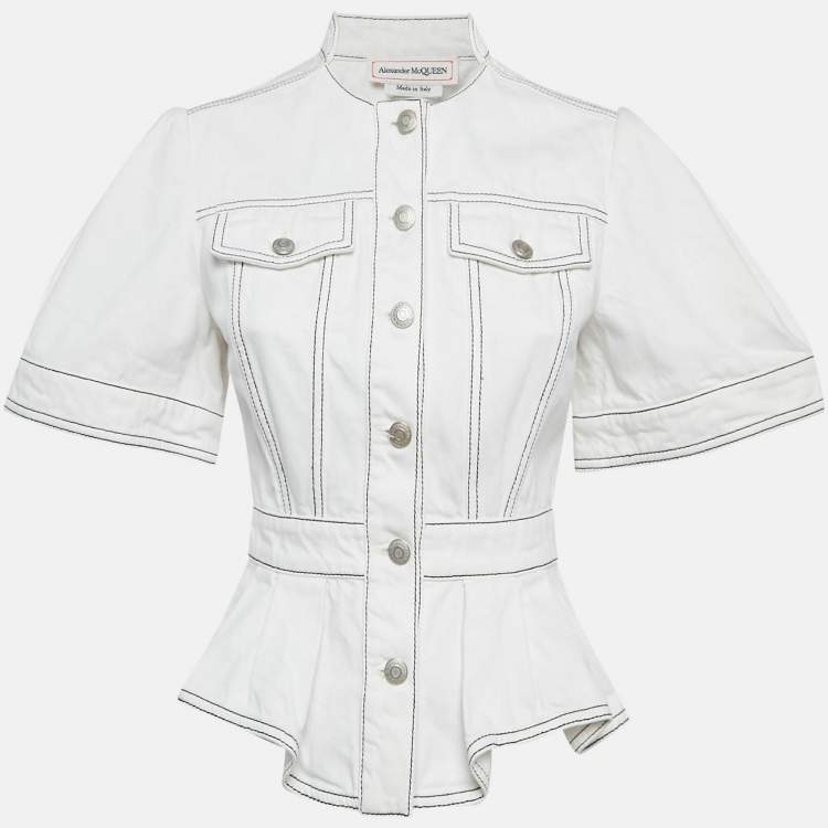 Pre Owned Alexander McQueen White Contrast Stitch Denim Peplum Style Top S