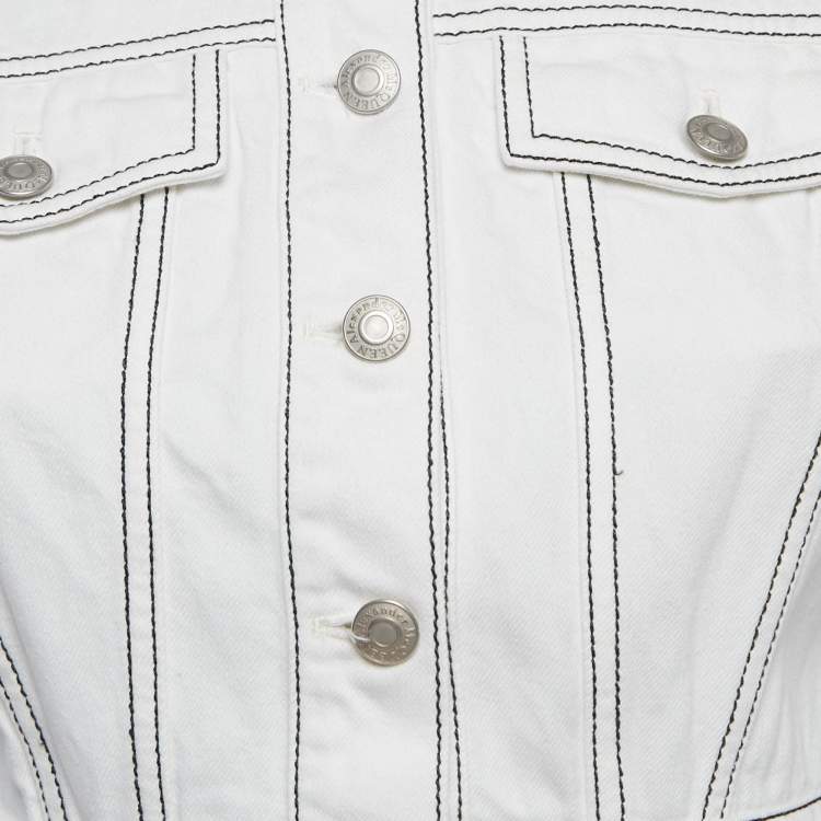 Pre Owned Alexander McQueen White Contrast Stitch Denim Peplum Style Top S