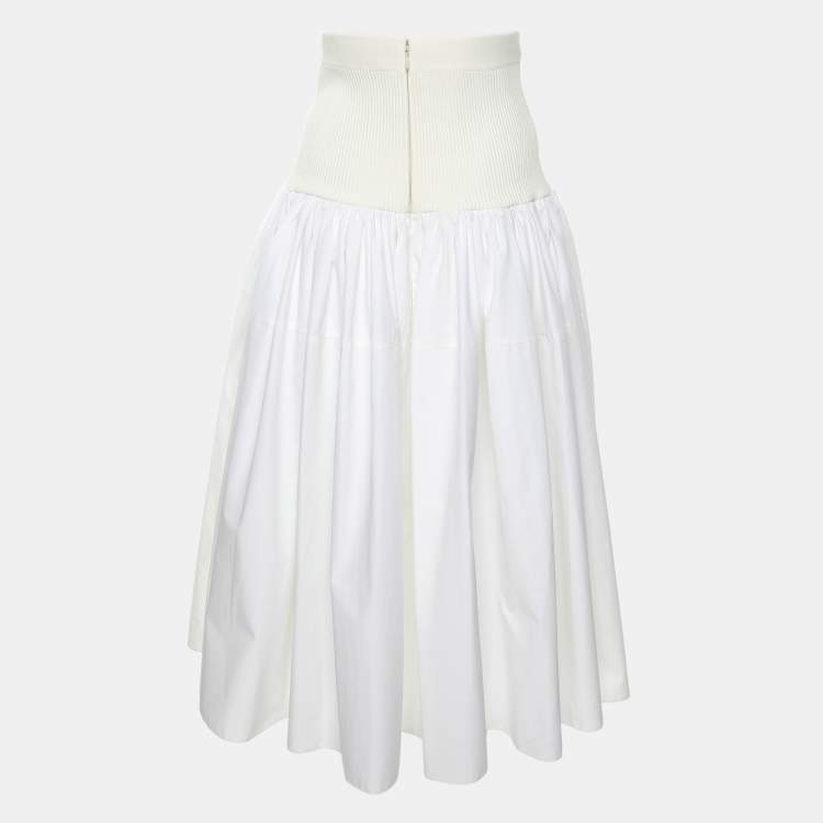 Pre Owned Alexander McQueen White Cotton Drop Yoke Mixed Media Midi Skirt S