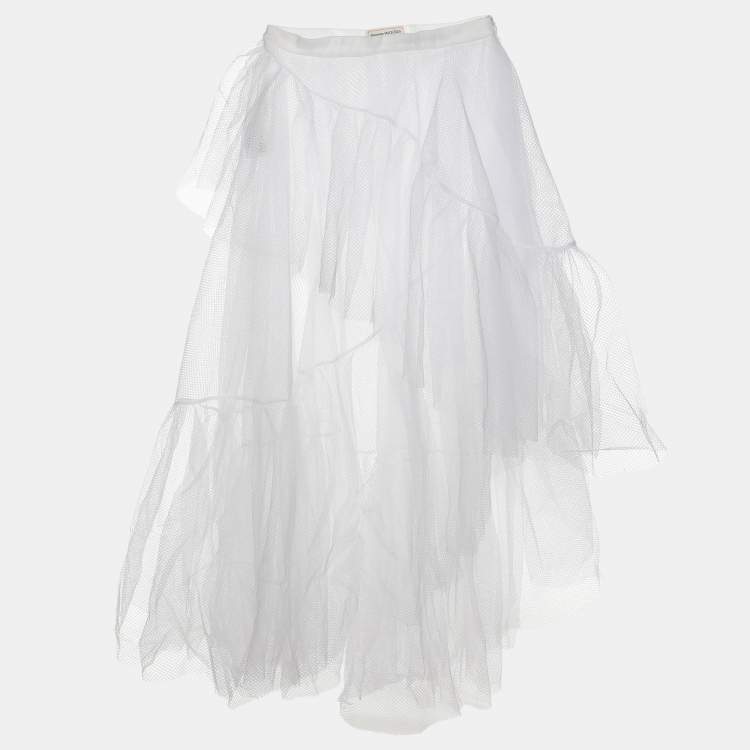 Pre Owned Alexander McQueen White Mesh Asymmetric Midi Skirt M