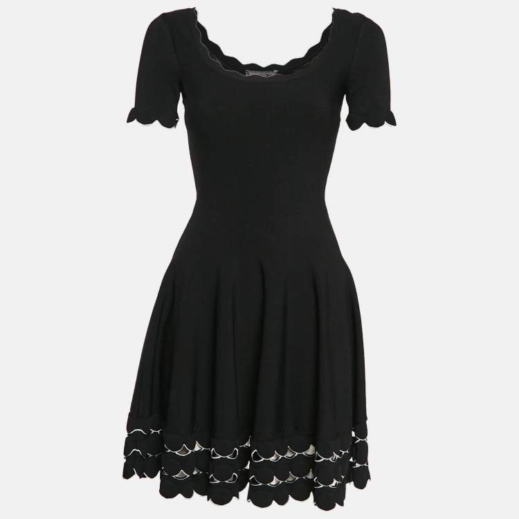 Pre Owned Alexander McQueen Black Stretch Knit Scallop Flared Mini Dress S