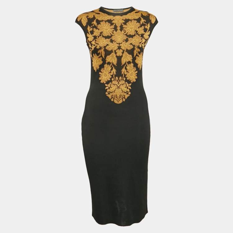 Pre Owned Alexander McQueen Black Floral Intarsia Rib Knit Bodycon Dress M