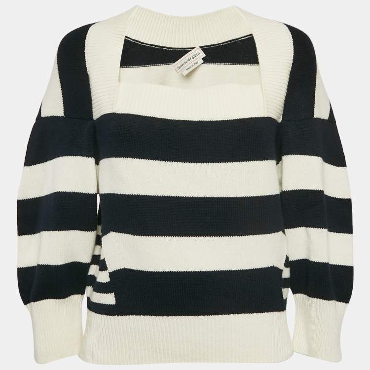 Pre Owned Alexander McQueen White Striped Wool Blend Sweater L