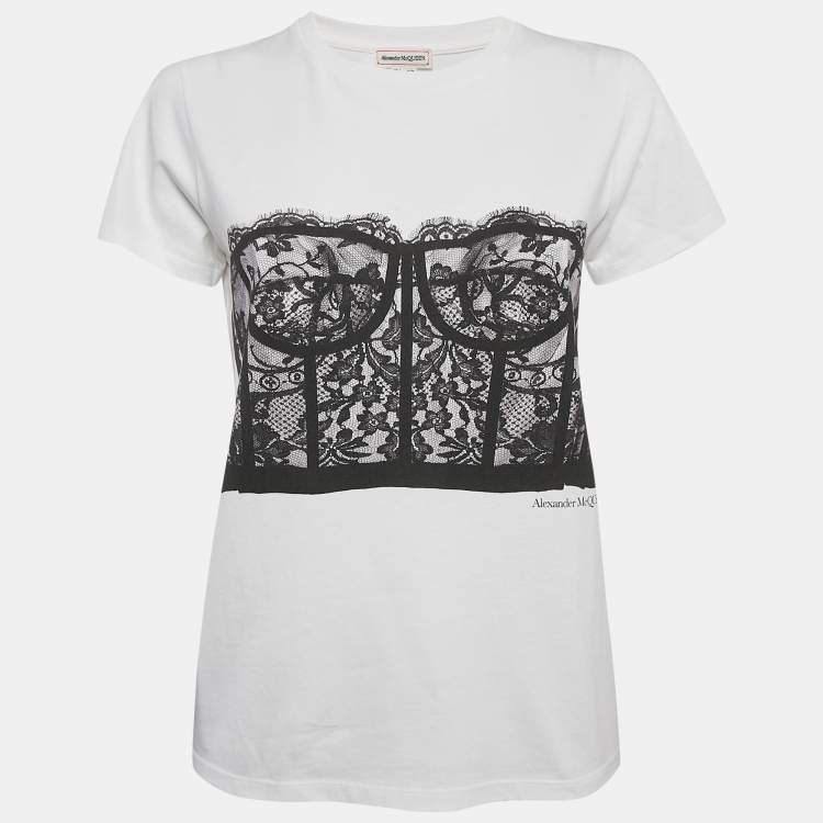 Pre Owned Alexander McQueen White Corset Print Cotton T-Shirt S