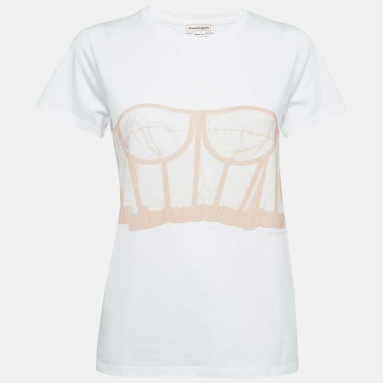 Pre Owned Alexander McQueen White Corset Print Cotton T-Shirt S