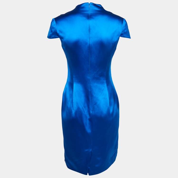 Pre Owned Alexander McQueen Blue Silk Satin Sheath Dress S