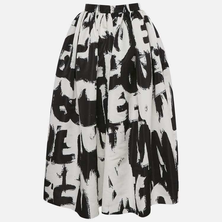 Pre Owned Alexander McQueen Black Monochrome Graffiti Print Faille Midi Skirt S