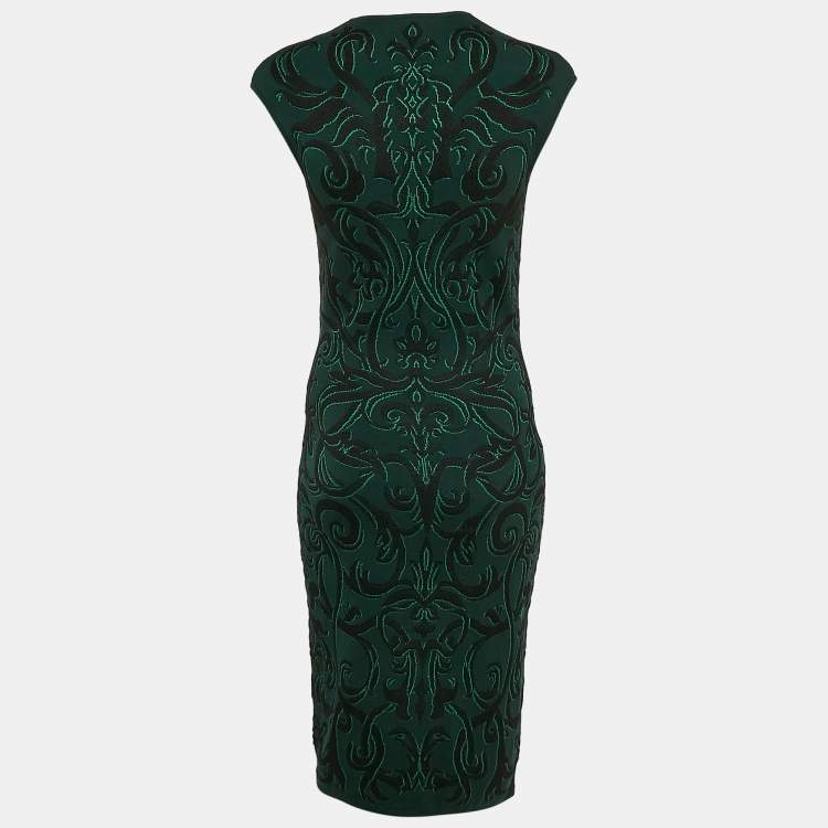 Pre Owned Alexander McQueen Green Wool Blend Jacquard Knit Sleeveless Midi Dress M