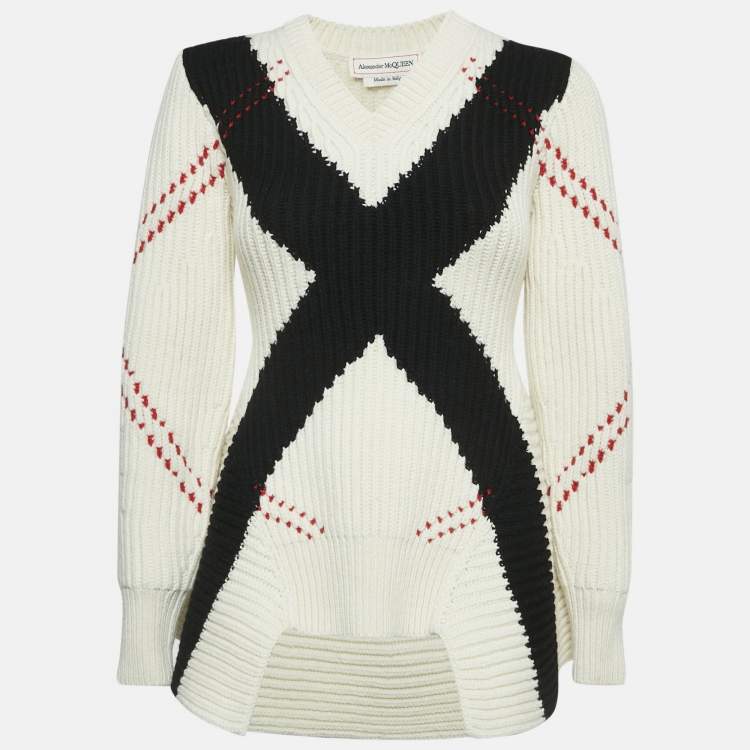 Pre Owned Alexander McQueen White Argyle Intarsia Rib Knit Sweater XXS