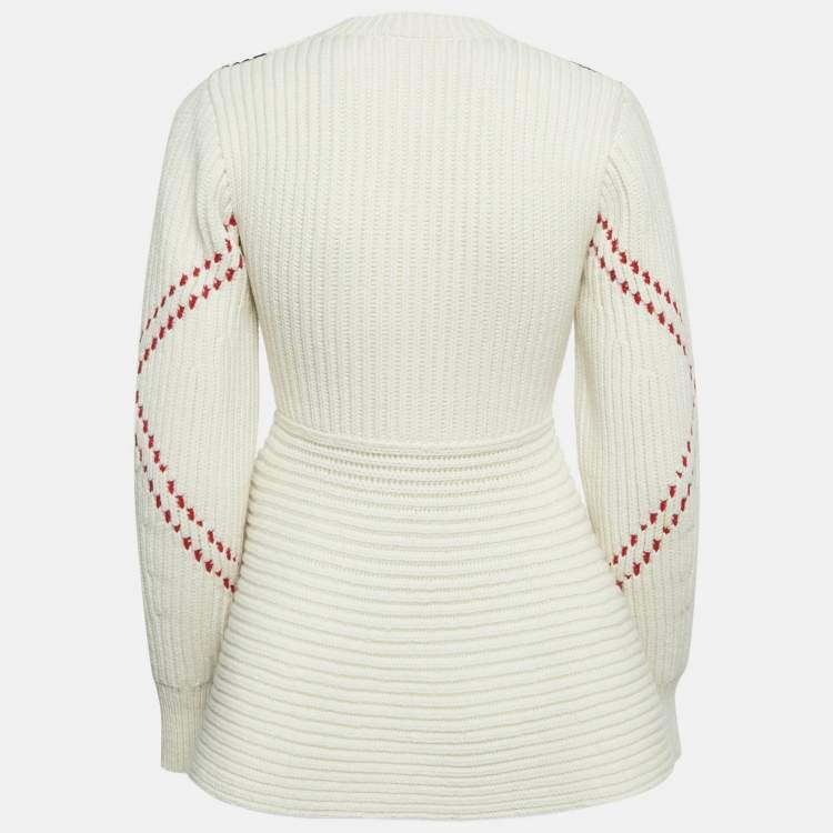 Pre Owned Alexander McQueen White Argyle Intarsia Rib Knit Sweater XXS