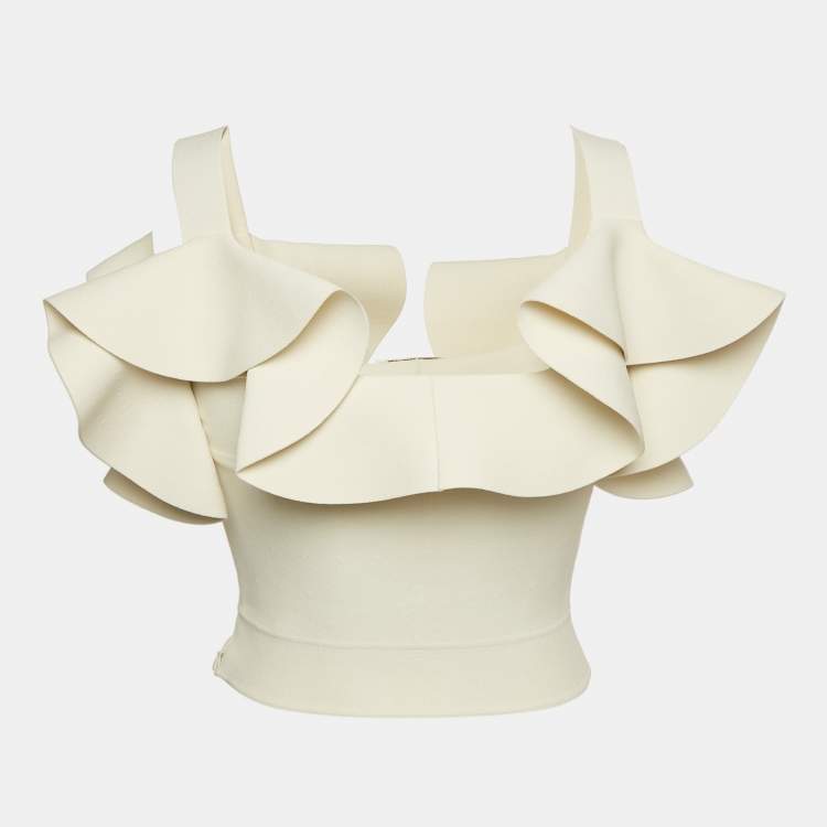 Pre Owned Alexander McQueen Off White Stretch Knit Ruffled Crop Top XS