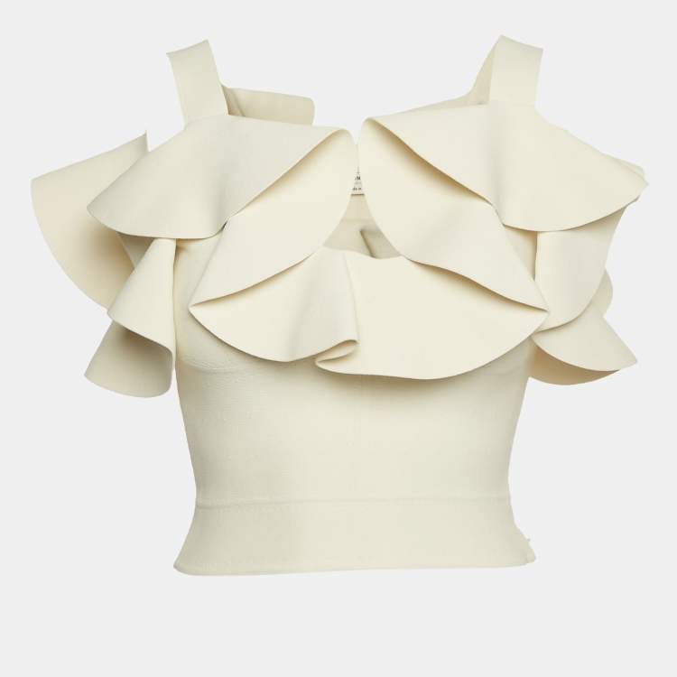 Pre Owned Alexander McQueen Off White Stretch Knit Ruffled Crop Top XS