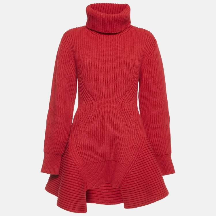 Pre Owned Alexander McQueen Red Wool Rib Knit Asymmetric Turtle Neck Sweater S