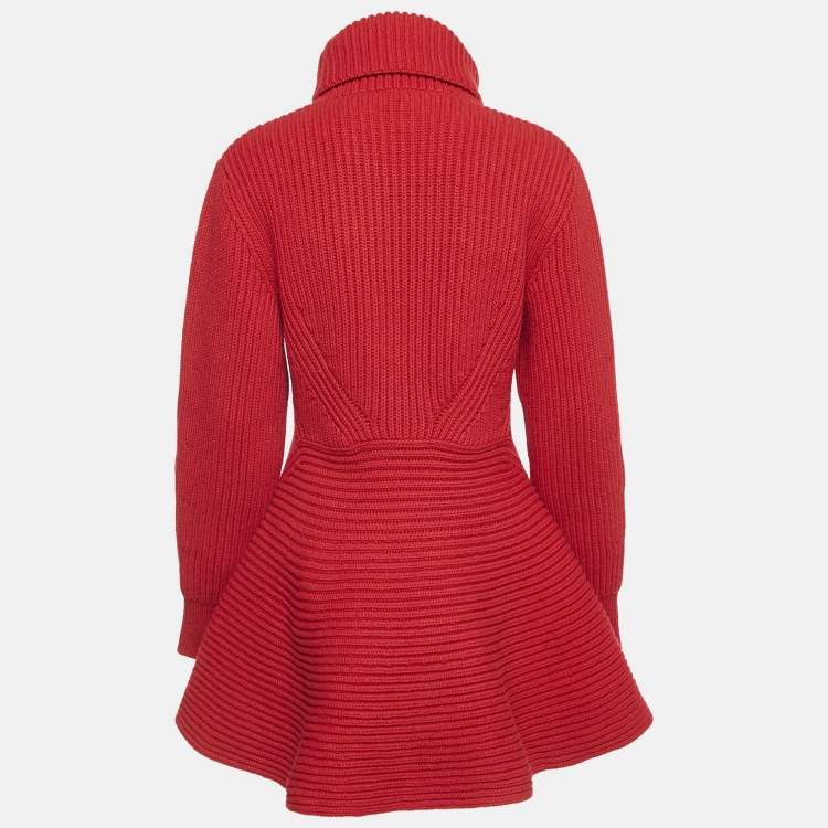 Pre Owned Alexander McQueen Red Wool Rib Knit Asymmetric Turtle Neck Sweater S