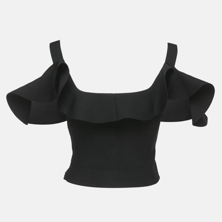 Pre Owned Alexander McQueen Black Knit Engineered Ruffle Crop Top XS