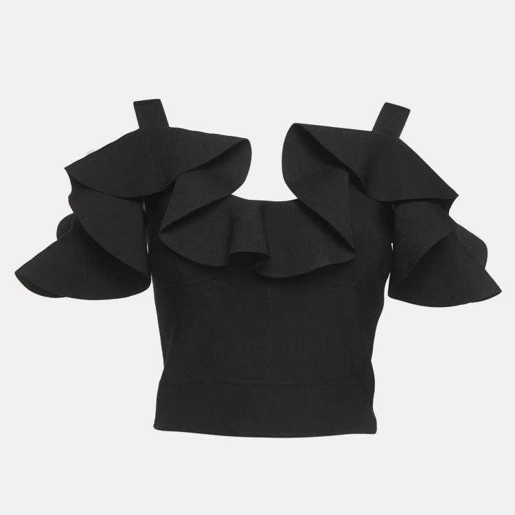 Pre Owned Alexander McQueen Black Knit Engineered Ruffle Crop Top XS