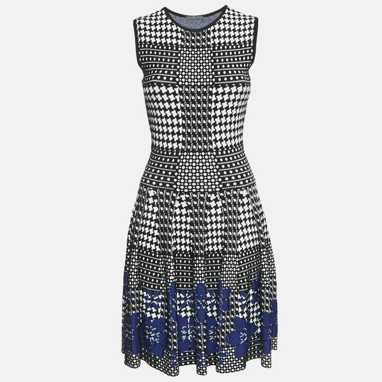 Pre Owned Alexander McQueen Black/Blue Patterned Stretch Knit Short Dress XS