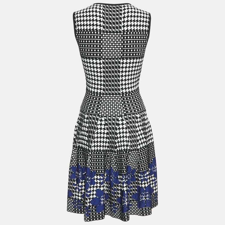 Pre Owned Alexander McQueen Black/Blue Patterned Stretch Knit Short Dress XS