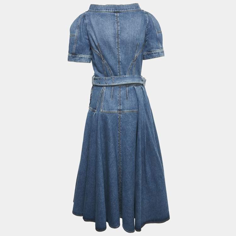Pre Owned Alexander McQueen Blue Denim Puff Sleeve Flared Midi Dress M