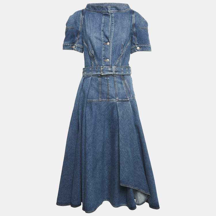 Pre Owned Alexander McQueen Blue Denim Puff Sleeve Flared Midi Dress M