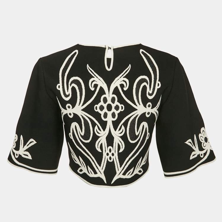 Pre Owned Alexander McQueen Black Floral Embossed Knit Crop Top M