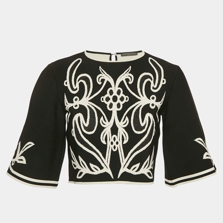 Pre Owned Alexander McQueen Black Floral Embossed Knit Crop Top M
