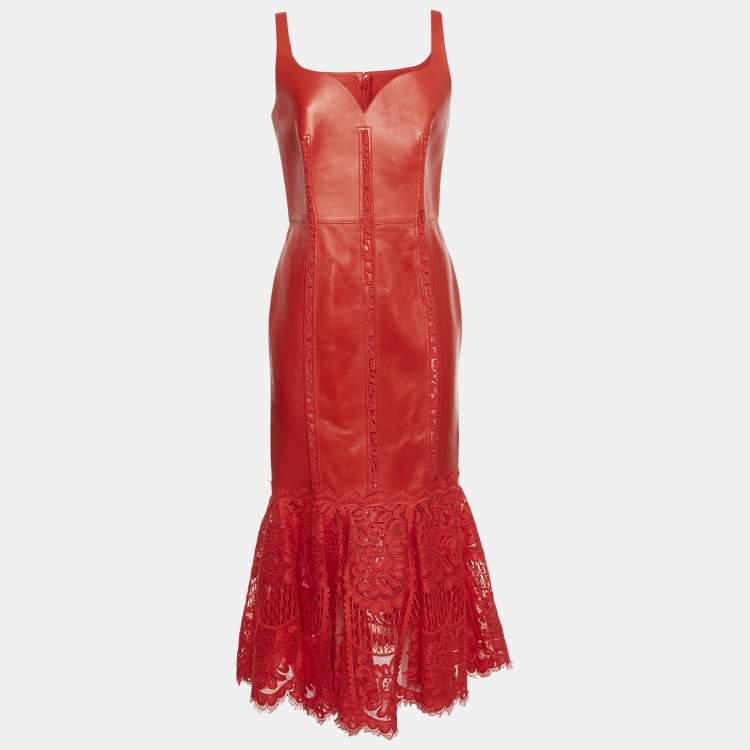 Pre Owned Alexander McQueen Red Leather and Lace Peplum Midi Dress M