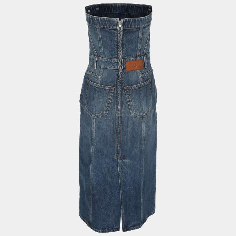 Pre Owned Alexander McQueen Blue Denim Bustier Midi Dress S