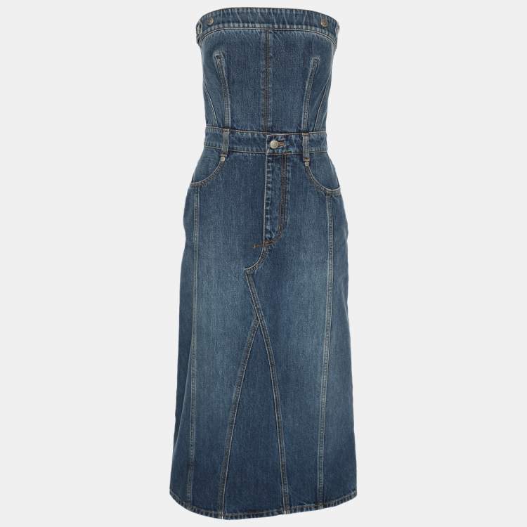 Pre Owned Alexander McQueen Blue Denim Bustier Midi Dress S