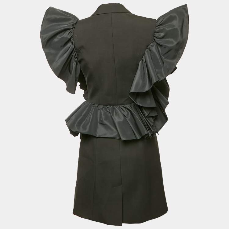 Pre Owned Alexander McQueen Black Wool and Ruffled Double Breasted Mini Dress S