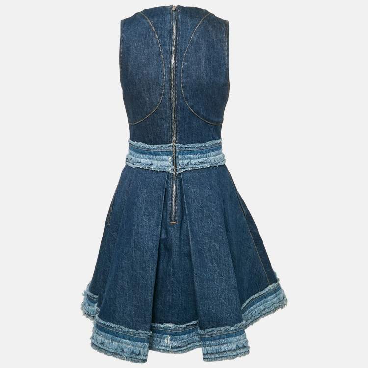 Pre Owned Alexander McQueen Blue Denim Raw Edge Flared Mini Dress S