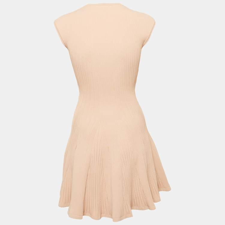 Pre Owned Alexander McQueen Peach Rib Knit Flared Sleeveless Mini Dress XXS