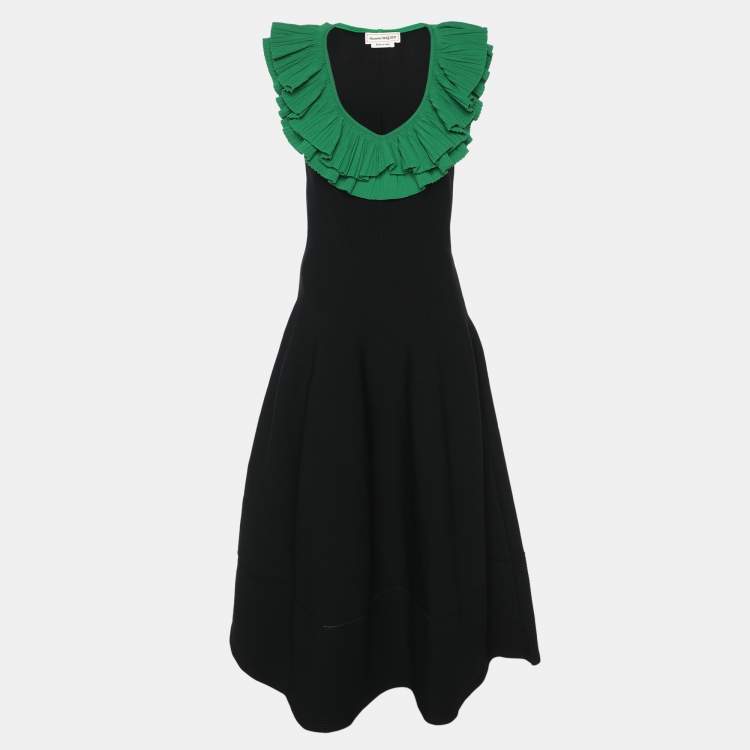 Pre Owned Alexander McQueen Black/Green Jersey Flounced Plunge Neck Dress S