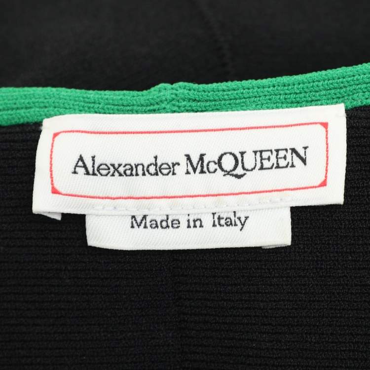 Pre Owned Alexander McQueen Black/Green Jersey Flounced Plunge Neck Dress S