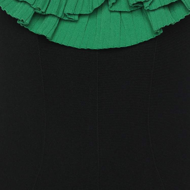 Pre Owned Alexander McQueen Black/Green Jersey Flounced Plunge Neck Dress S