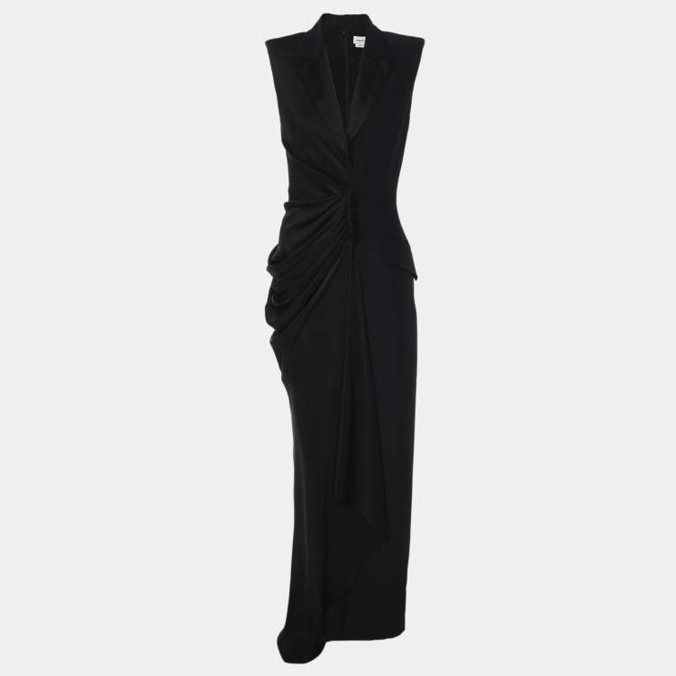 Pre Owned Alexander McQueen Black Crepe Satin Long Leaf Draped Dress XS
