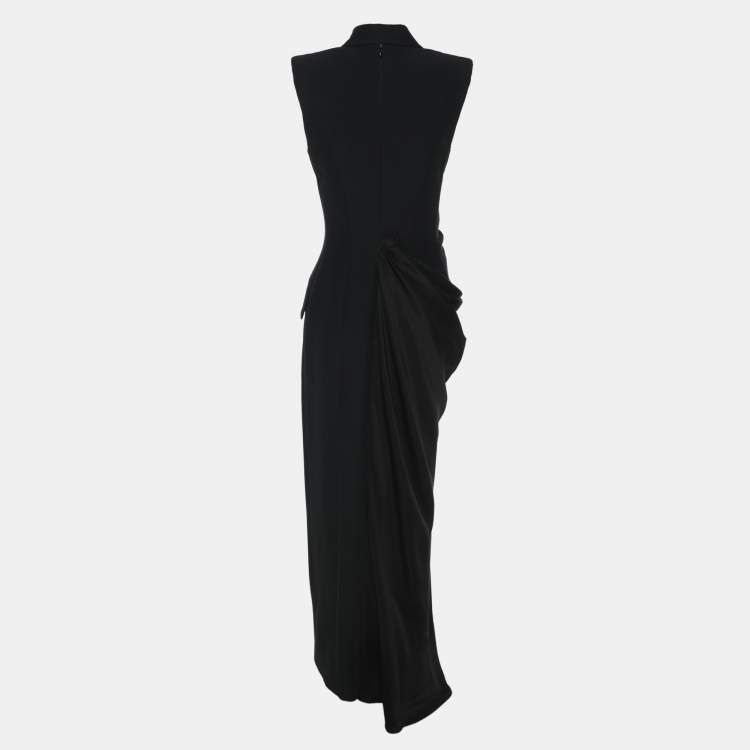 Pre Owned Alexander McQueen Black Crepe Satin Long Leaf Draped Dress XS