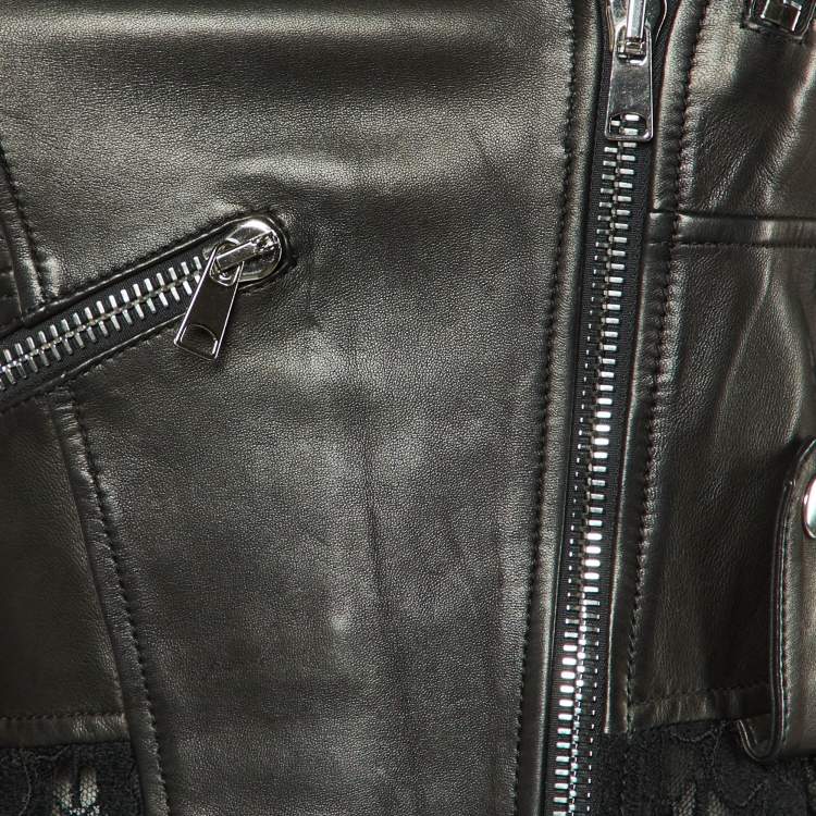 Pre Owned Alexander McQueen Black Leather & Lace Peplum Jacket S