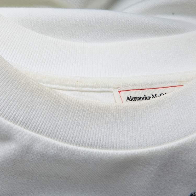 Pre Owned Alexander McQueen White Cotton Knit & Black Sateen Top L