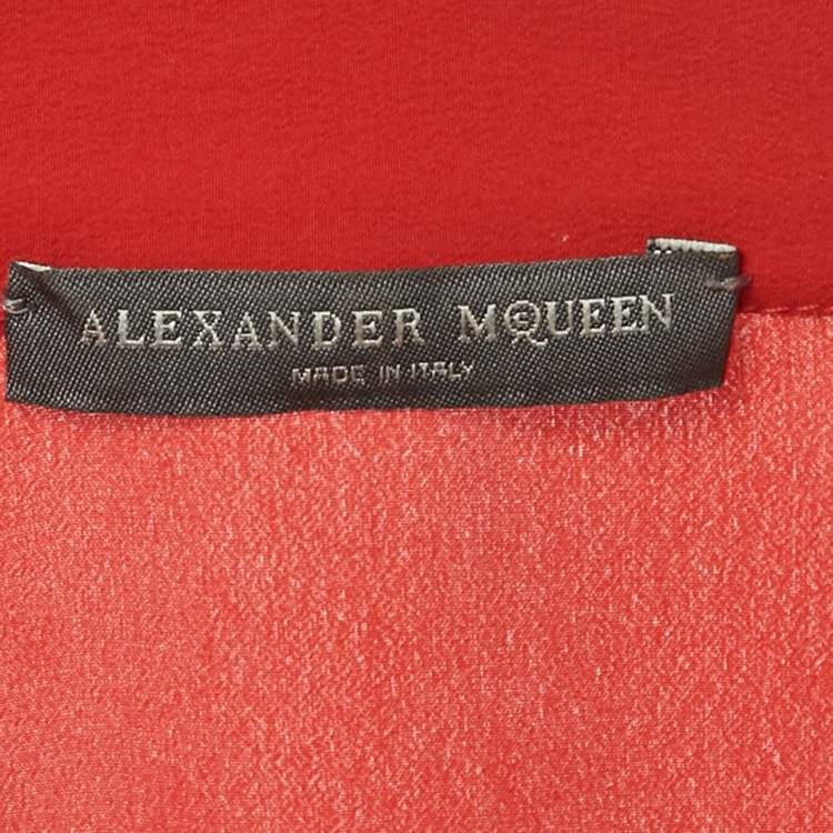 Pre Owned Alexander McQueen Red Silk Beaded High Neck Top S