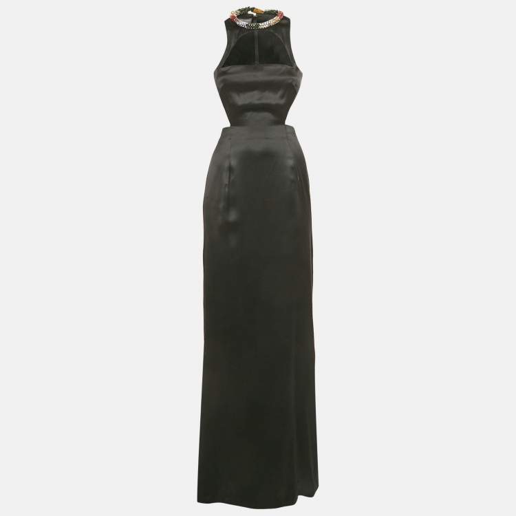 Pre Owned Alexander McQueen Black Jeweled Neck Satin Cut-Out Maxi Dress S