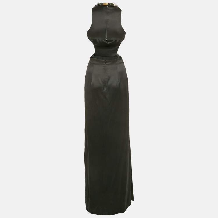 Pre Owned Alexander McQueen Black Jeweled Neck Satin Cut-Out Maxi Dress S