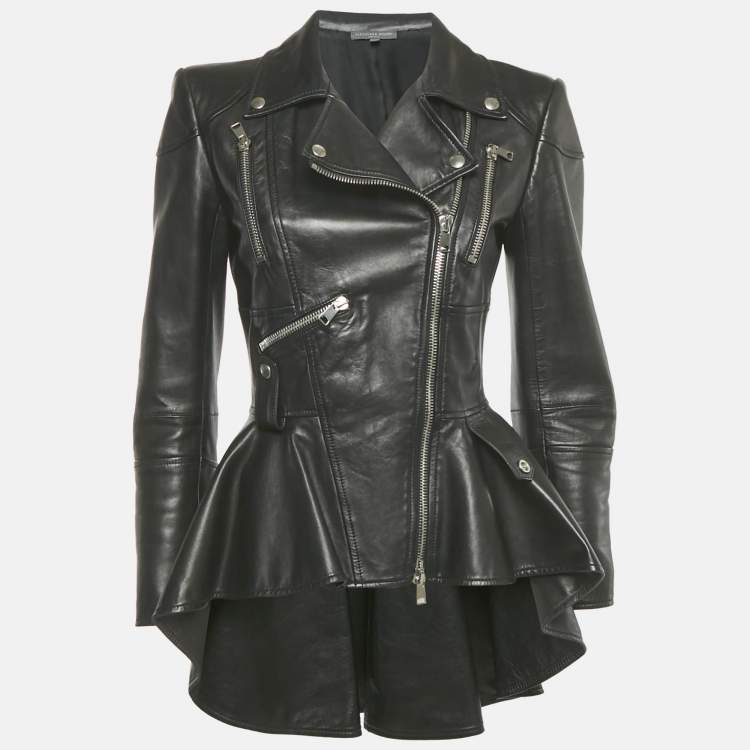 Pre Owned Alexander McQueen Black High Low Peplum Leather Jacket M