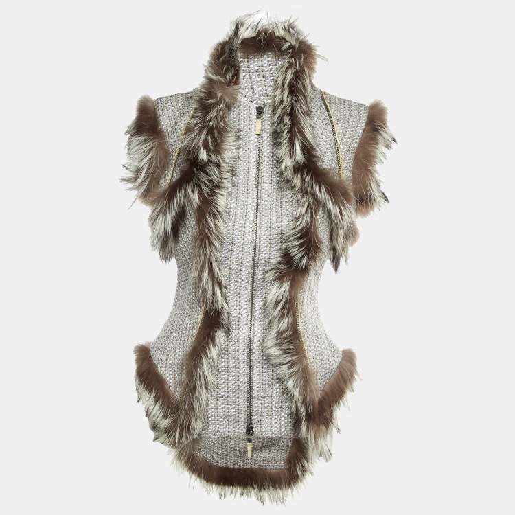 Pre Owned Alexander McQueen Grey Tweed & Fur Trim Sleeveless Asymmetric Hem Vest M